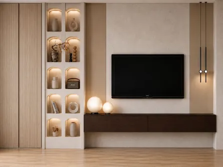Living su misura tra legno, luce e geometrie