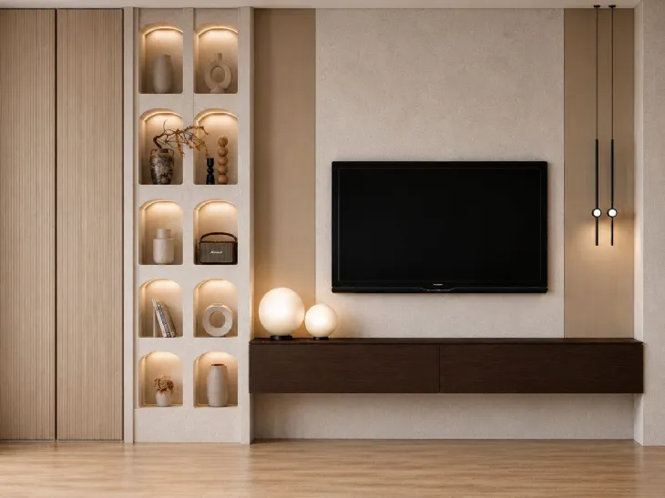 Living su misura tra legno, luce e geometrie