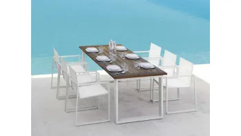 Tavolo in alluminio e legno, Sedie in alluminio e tessuto, dalle linee squadrate ed essenziali Essence di Talenti